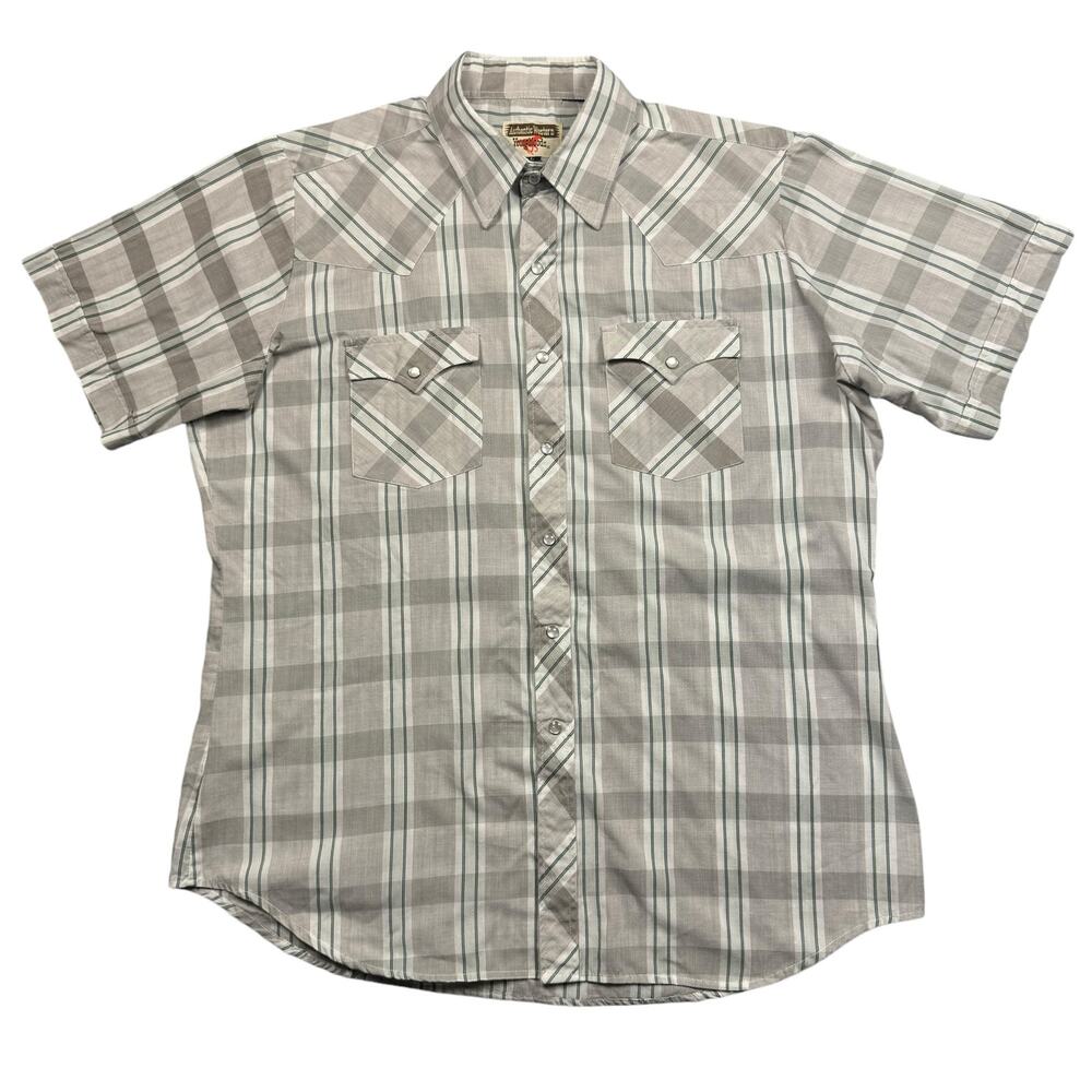 Pearl Snap Western Shirt Men's Large Youngbloods Short‎ Sleeve Preppy Plaid Gray